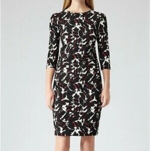 Reiss. size 6 Black White Red Abstract Print Ruched Sheath Dress 3/4 Sleeve